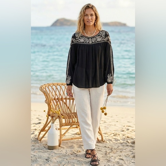 Calypso St. Barth Tops - Calypso St Barth Black Embroidered Peasant Top